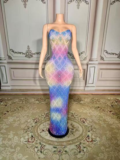 Colorful Sweetheart Column Beaded Sleeveless Floor-Length Slit Tulle Prom Dresses With Rhinestones