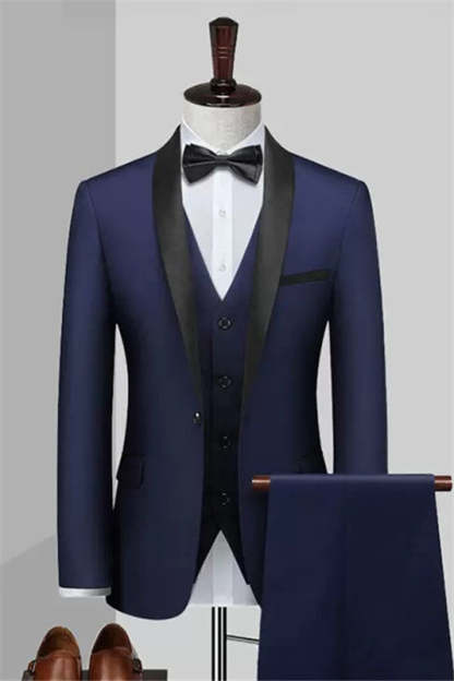 Conrad Chic Navy Three-Piece Shawl Collar Wedding Ensemble for Gentlemen