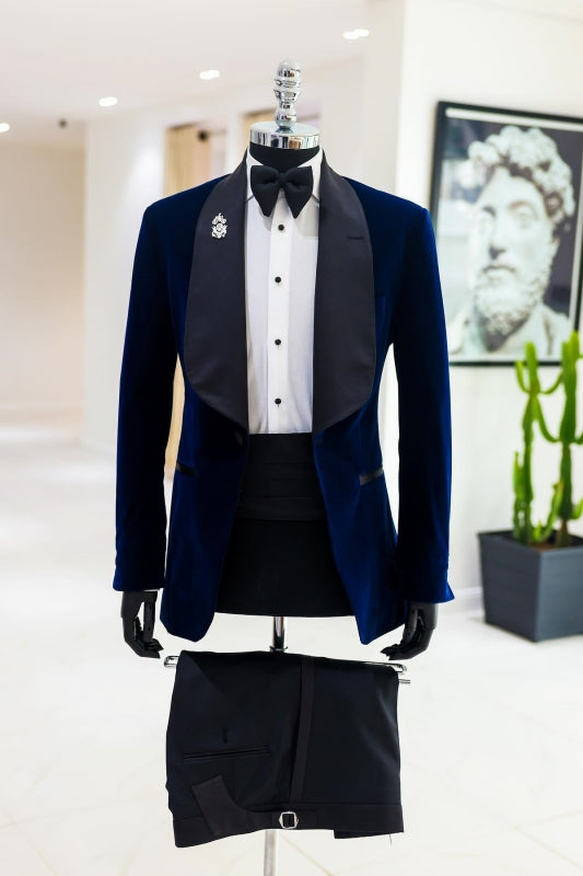 Stylish Navy Blue Shawl Lapel Two-Piece Velvet Suit