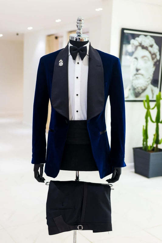Stylish Navy Blue Shawl Lapel Two-Piece Velvet Suit