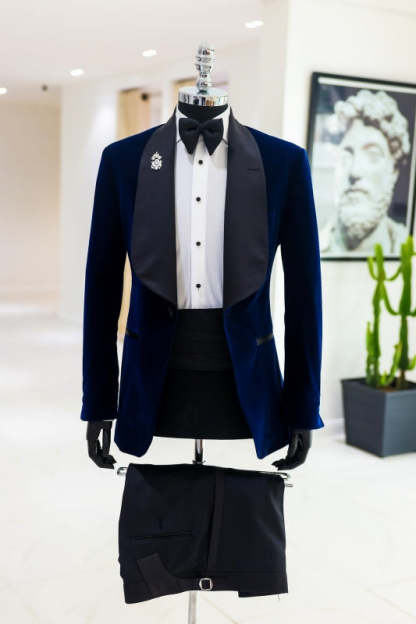 Stylish Navy Blue Shawl Lapel Two-Piece Velvet Suit