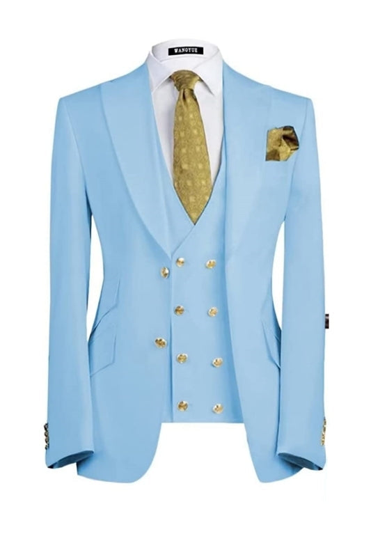 Contemporary Sky Blue Three-Piece Peaked Lapel Prom Suit For Men