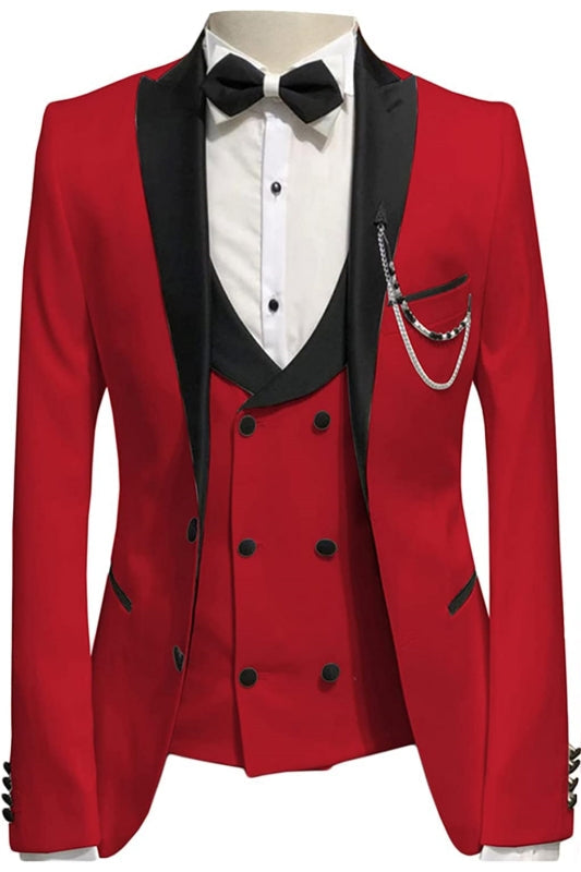 Crimson Peaked Lapel Three-Piece Custom Prom Ensemble