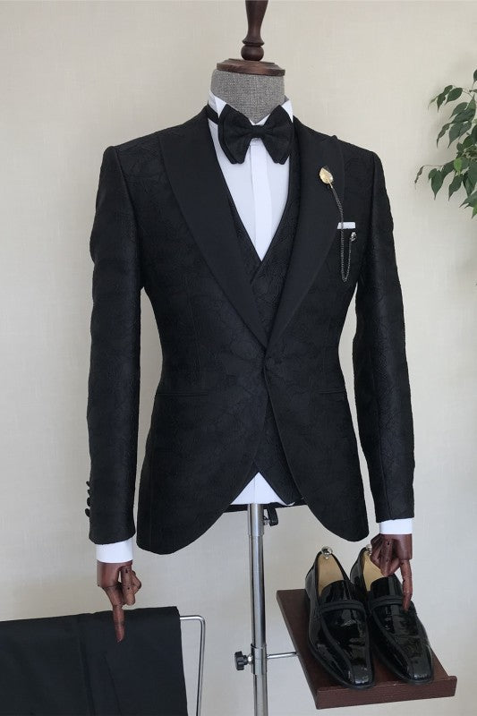 Custom Black Jacquard Peaked Lapel Three-Piece Men's Prom Ensemble