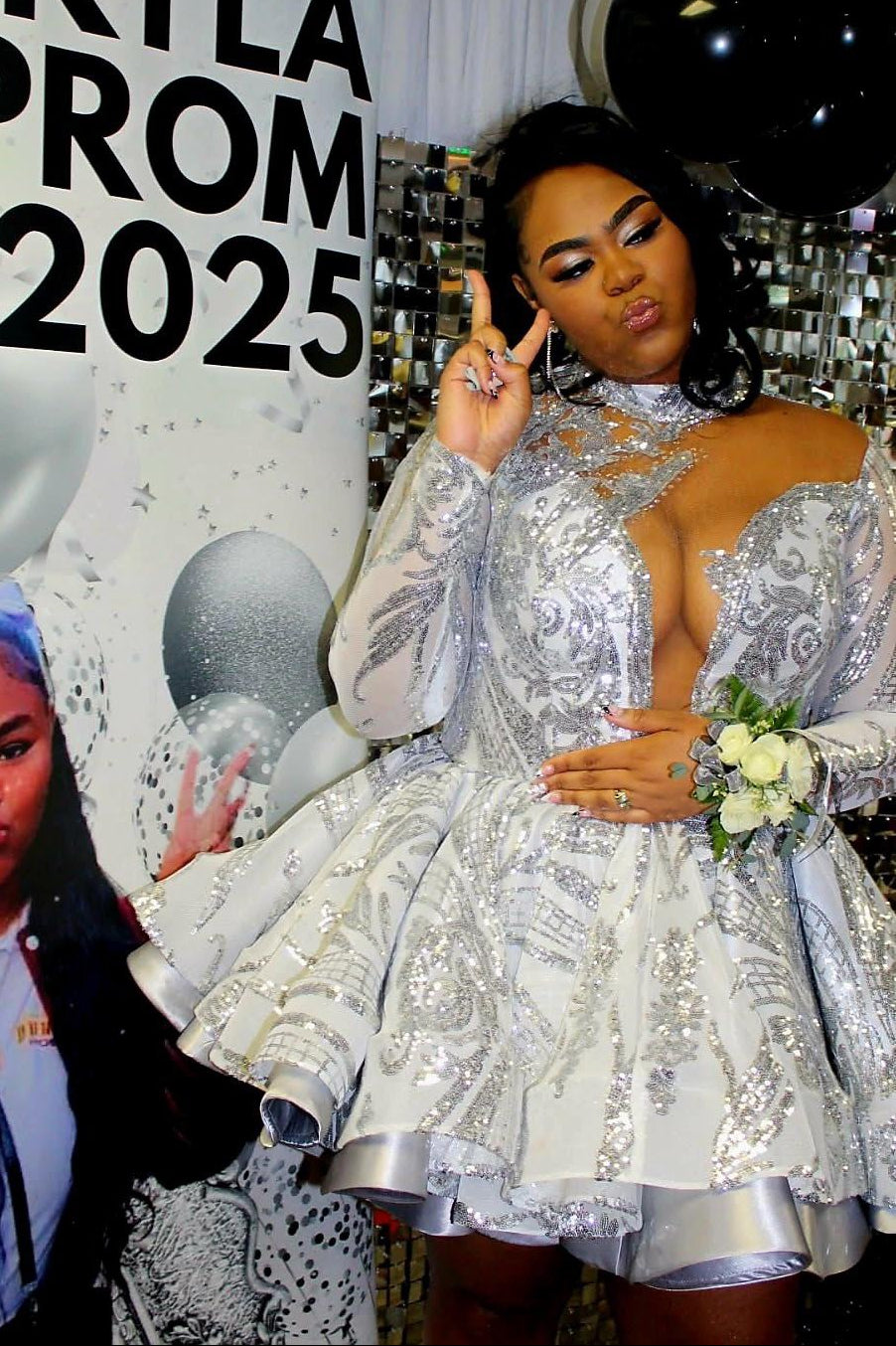 Cute Short Silver V-Neck Long Sleeves Ball Gown Prom Dress with Sequined Appliques