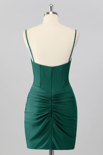 Sparkly Sky Blue Tight Ruched Short Corset Cocktail Dress With Beading