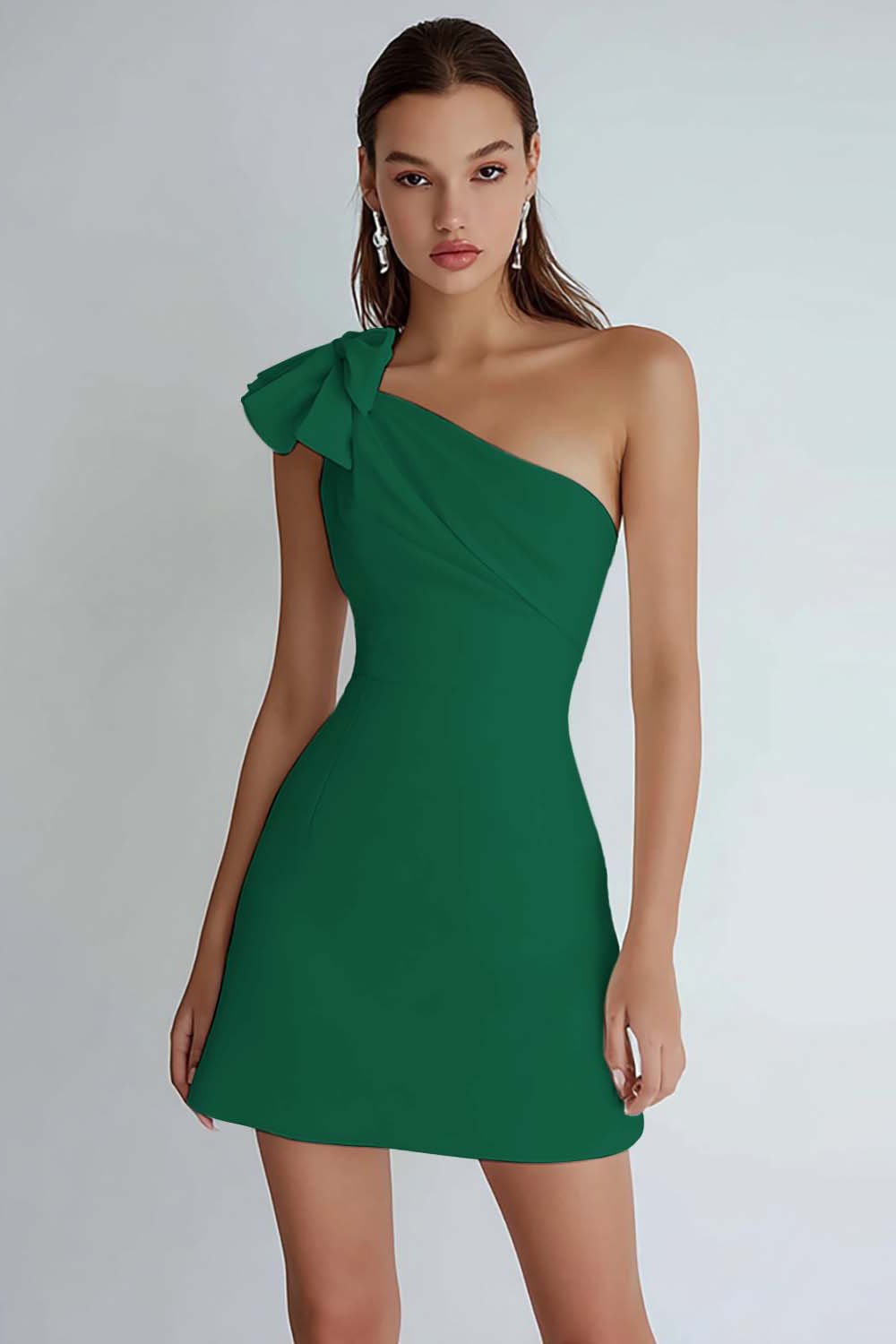 Ivory Satin A Line One Shoulder Short Cocktail Dress With Bow