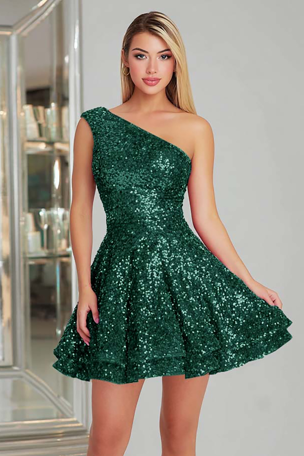 Sparkly Fuchsia One Shoulder A Line Short Sequin Cocktail Dress