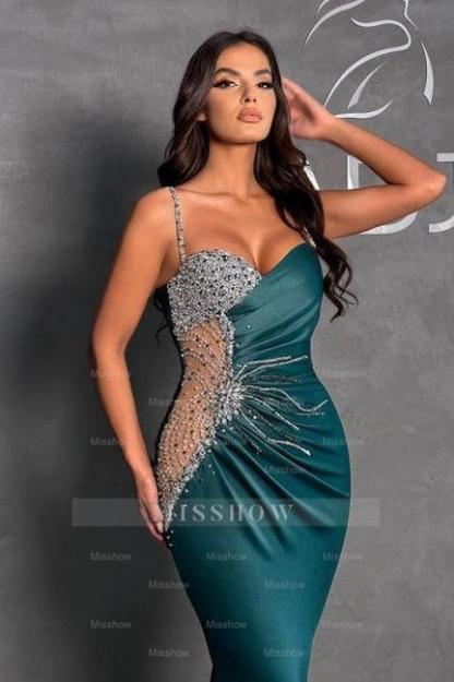 Dark Green Column Spaghetti Straps Beadings Sleeveless Prom Evening Dresses with Ruffles