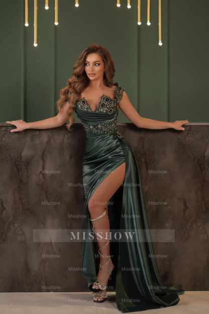 Dark Green Formal Dress V Neck Wide Shoulder Strap Slit Beading