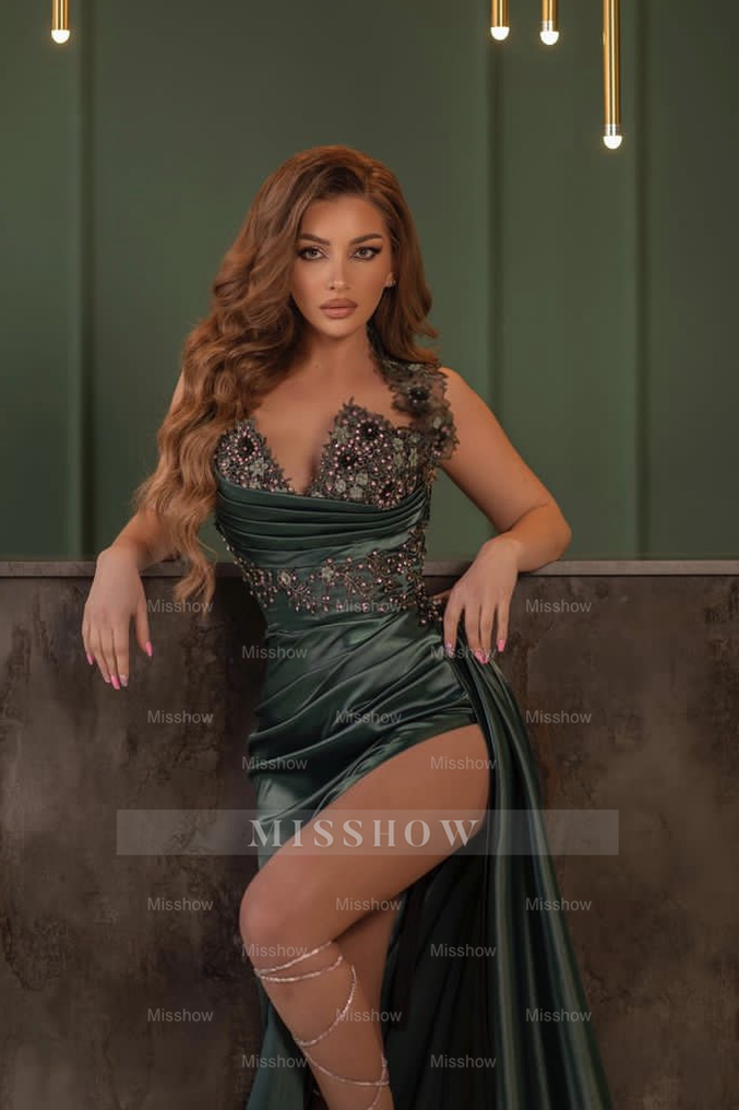 Dark Green Formal Dress V Neck Wide Shoulder Strap Slit Beading
