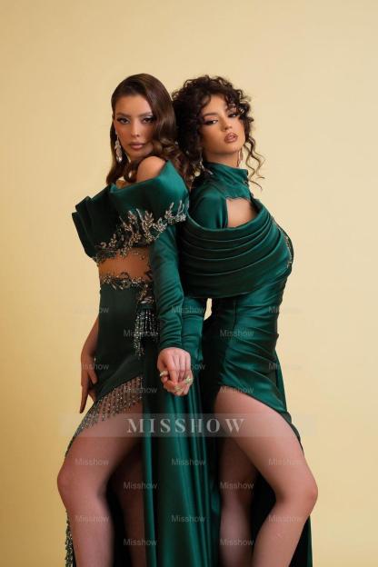 Dark Green Long Sleeves Formal Dress With Tassel High Slit Trail