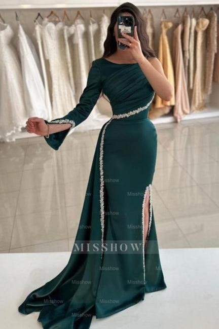 Dark Green Mermaid Crew One-shoulder Long Sleeve Beaded Panel Train Satin Split Front Prom Evening Dresses With Rhinestone