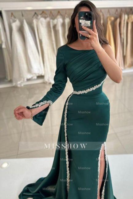 Dark Green Mermaid Crew One-shoulder Long Sleeve Beaded Panel Train Satin Split Front Prom Evening Dresses With Rhinestone