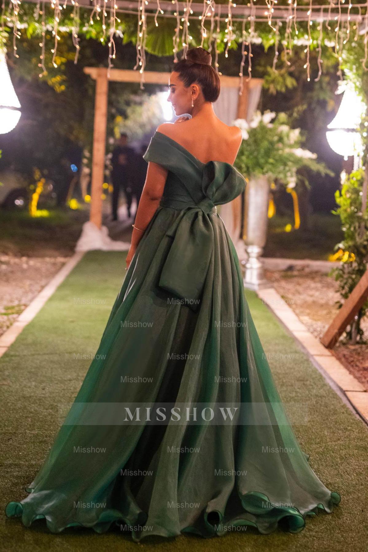Dark Green One Shoulder Mermaid Front Split Evening Dress With Bowknot Strapless