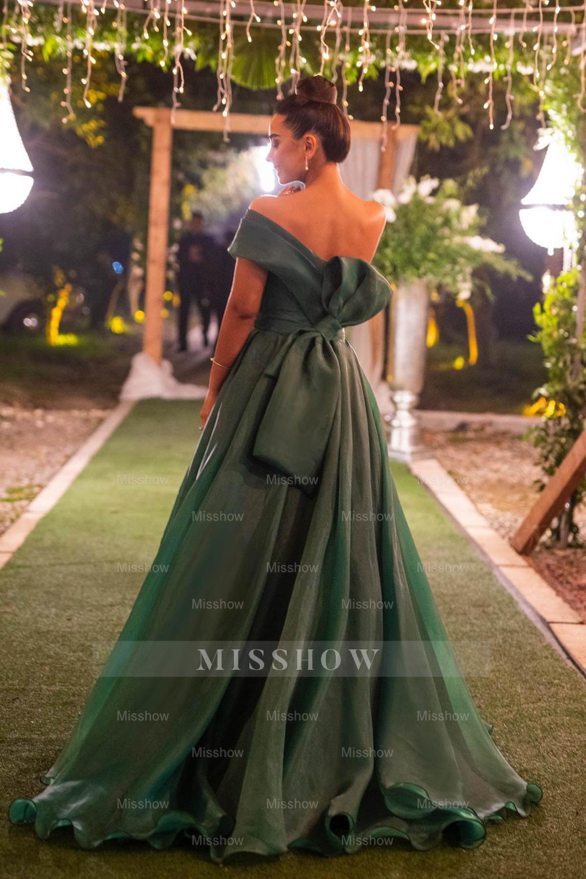 Dark Green One Shoulder Mermaid Front Split Evening Dress With Bowknot Strapless