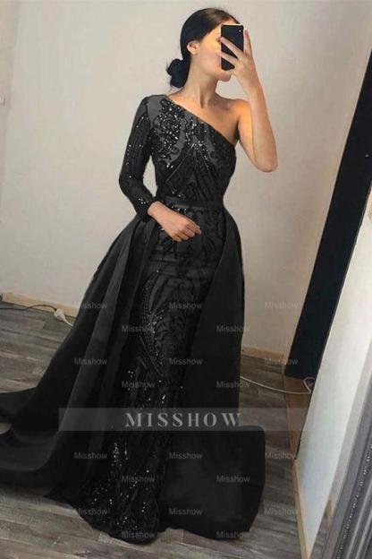 Dark Green Overskirt One Shoulder Long Sleeve Mermaid Formal Dress With Sequins