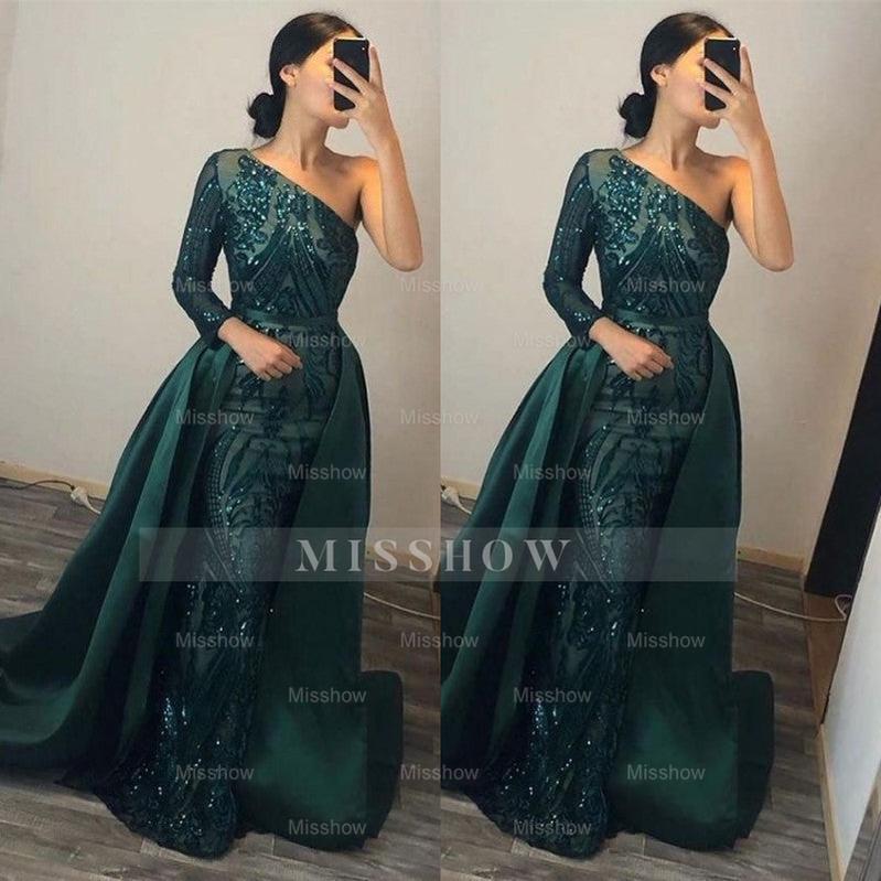 Dark Green Overskirt One Shoulder Long Sleeve Mermaid Formal Dress With Sequins