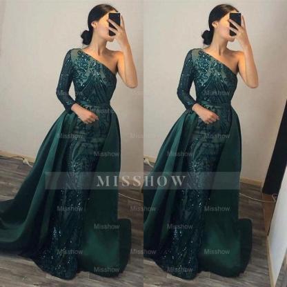 Dark Green Overskirt One Shoulder Long Sleeve Mermaid Formal Dress With Sequins