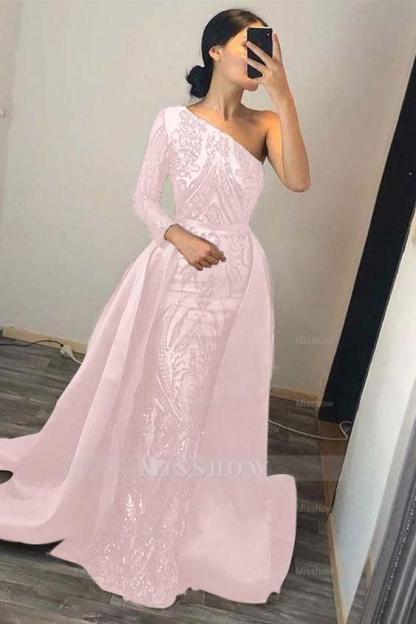 Dark Green Overskirt One Shoulder Long Sleeve Mermaid Formal Dress With Sequins