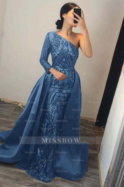 Dark Green Overskirt One Shoulder Long Sleeve Mermaid Formal Dress With Sequins