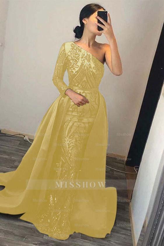 Dark Green Overskirt One Shoulder Long Sleeve Mermaid Formal Dress With Sequins