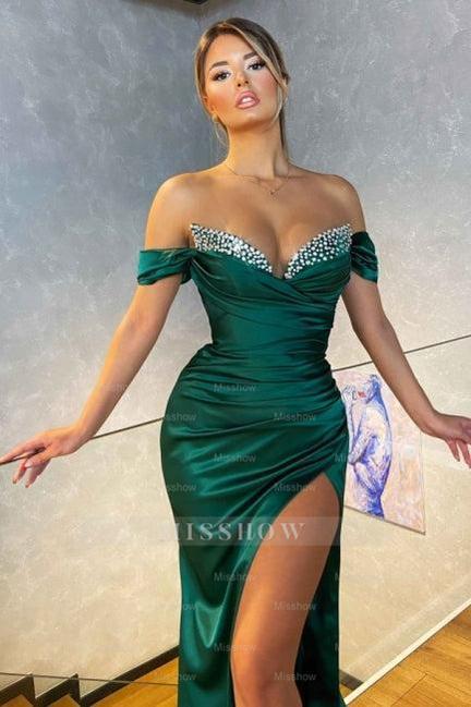 Dark Green Sexy Off-the-shoulder Sleeveless Satin Floor-Length Prom Evening Dresses with Ruffles
