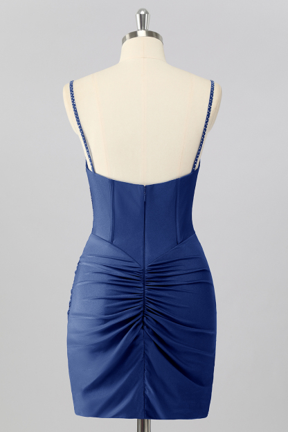 Sparkly Sky Blue Tight Ruched Short Corset Cocktail Dress With Beading