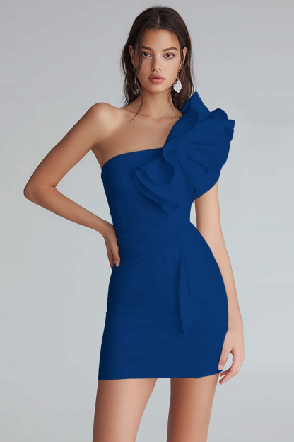 Ivory Satin Satin One Shoulder Short Tight Cocktail Dress With Ruffles