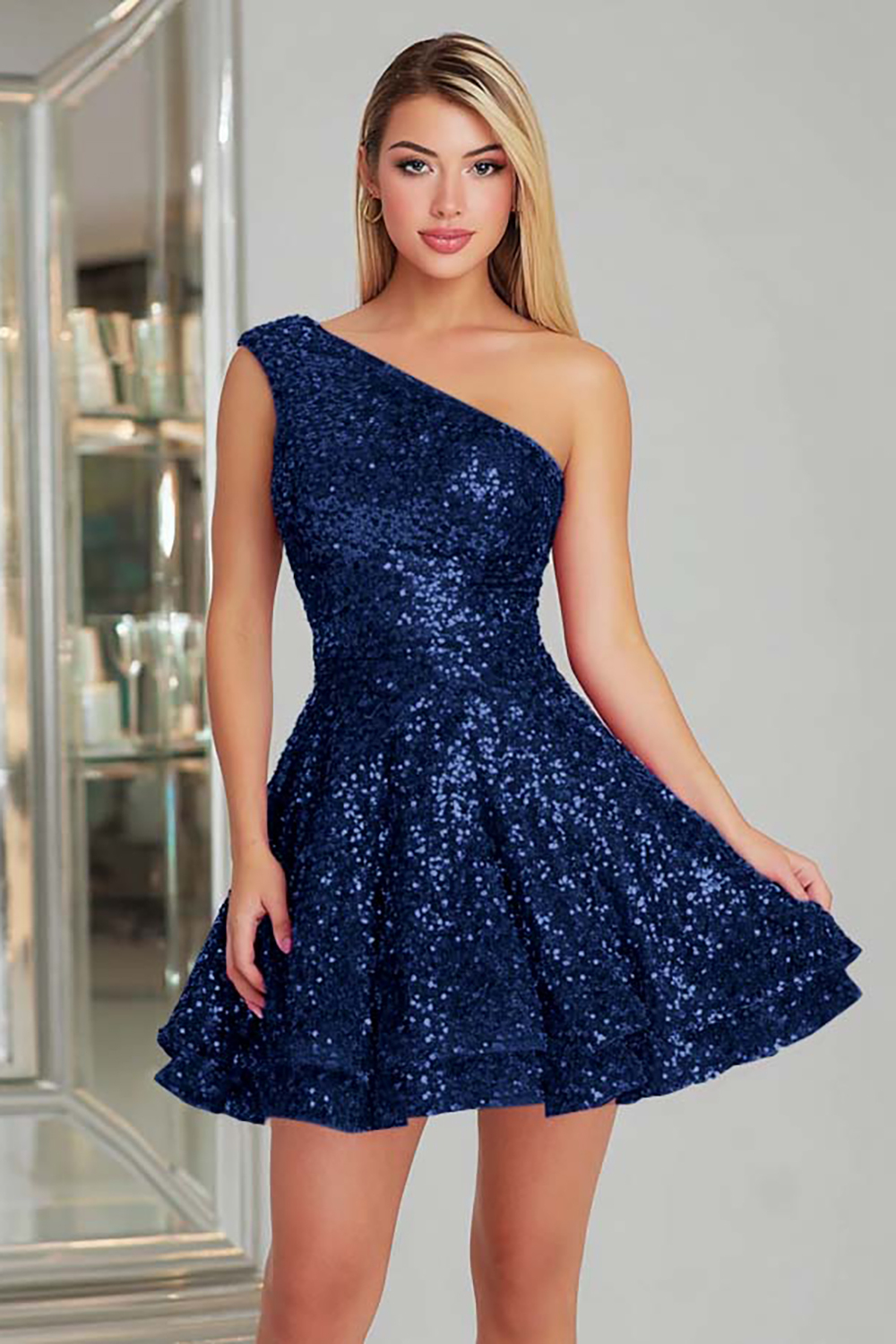 Sparkly Fuchsia One Shoulder A Line Short Sequin Cocktail Dress