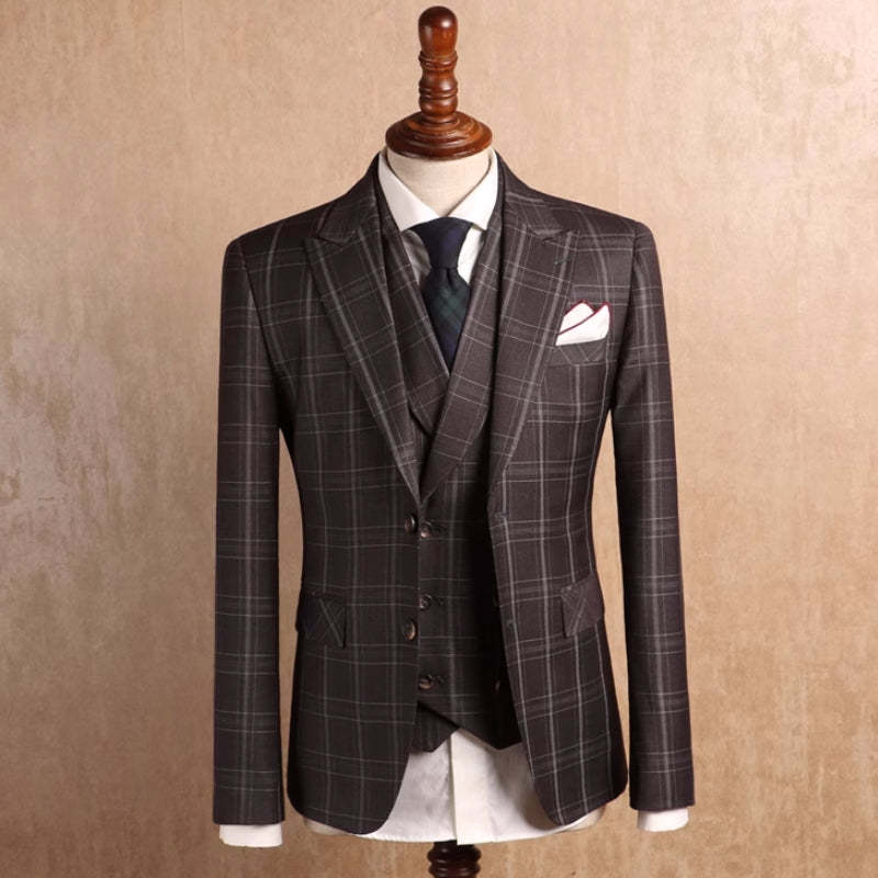 Sophisticated Mocha Peaked Lapel Three-Piece Plaid Prom Attire