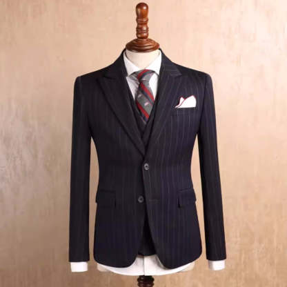 Black Striped Peak Lapel Three Piece Business Attire