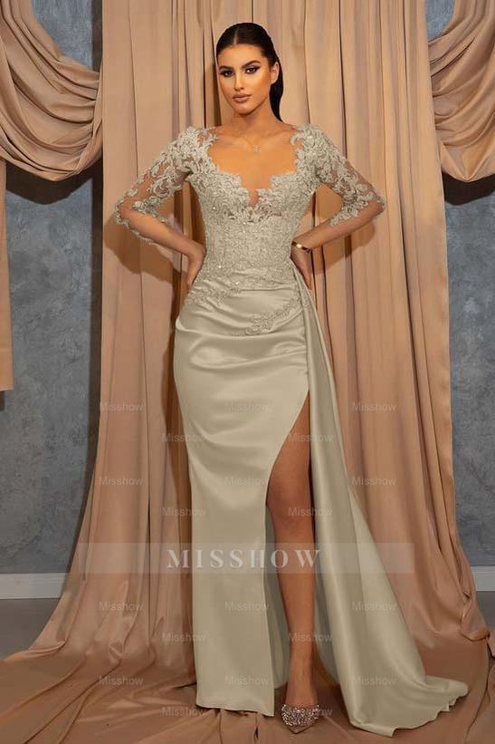 Deep V Neck Beads Long Sleeves Lace Appliques Pleated Formal Dress With Ruffles