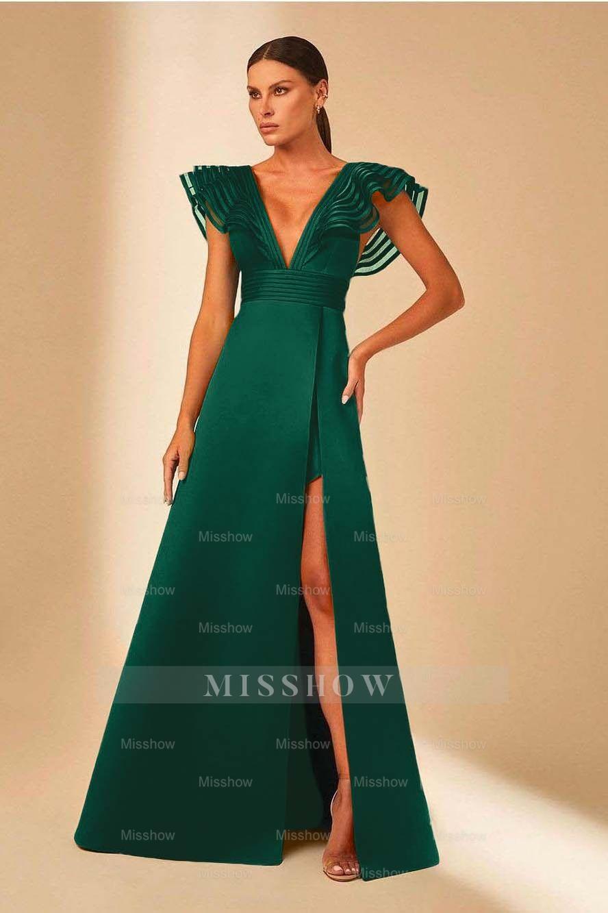 Deep V Neck Sleeveless A Line Long Formal Dress With Front Split