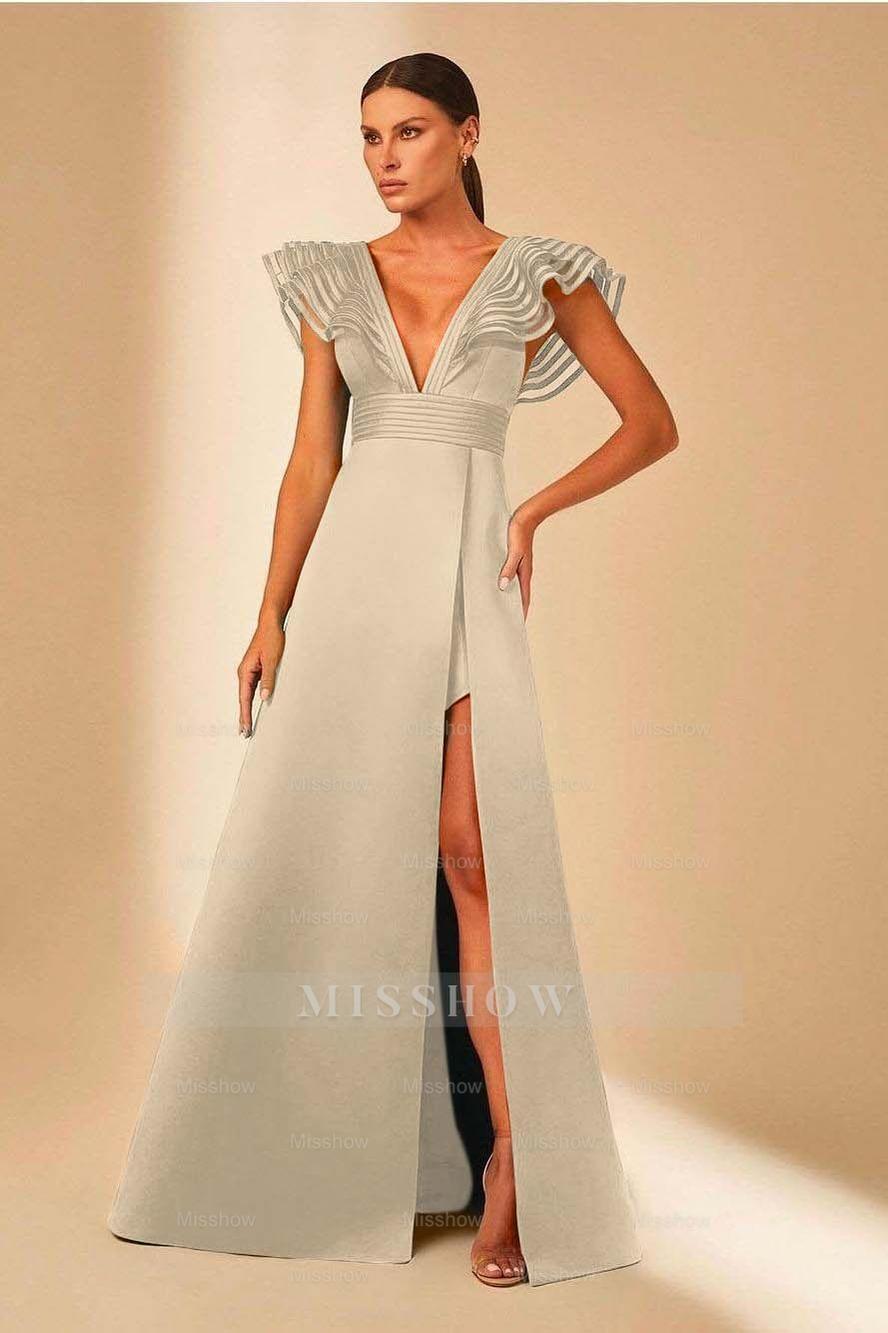 Deep V Neck Sleeveless A Line Long Formal Dress With Front Split
