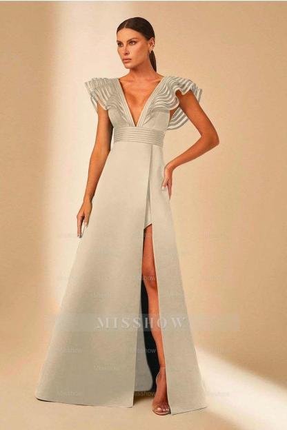 Deep V Neck Sleeveless A Line Long Formal Dress With Front Split