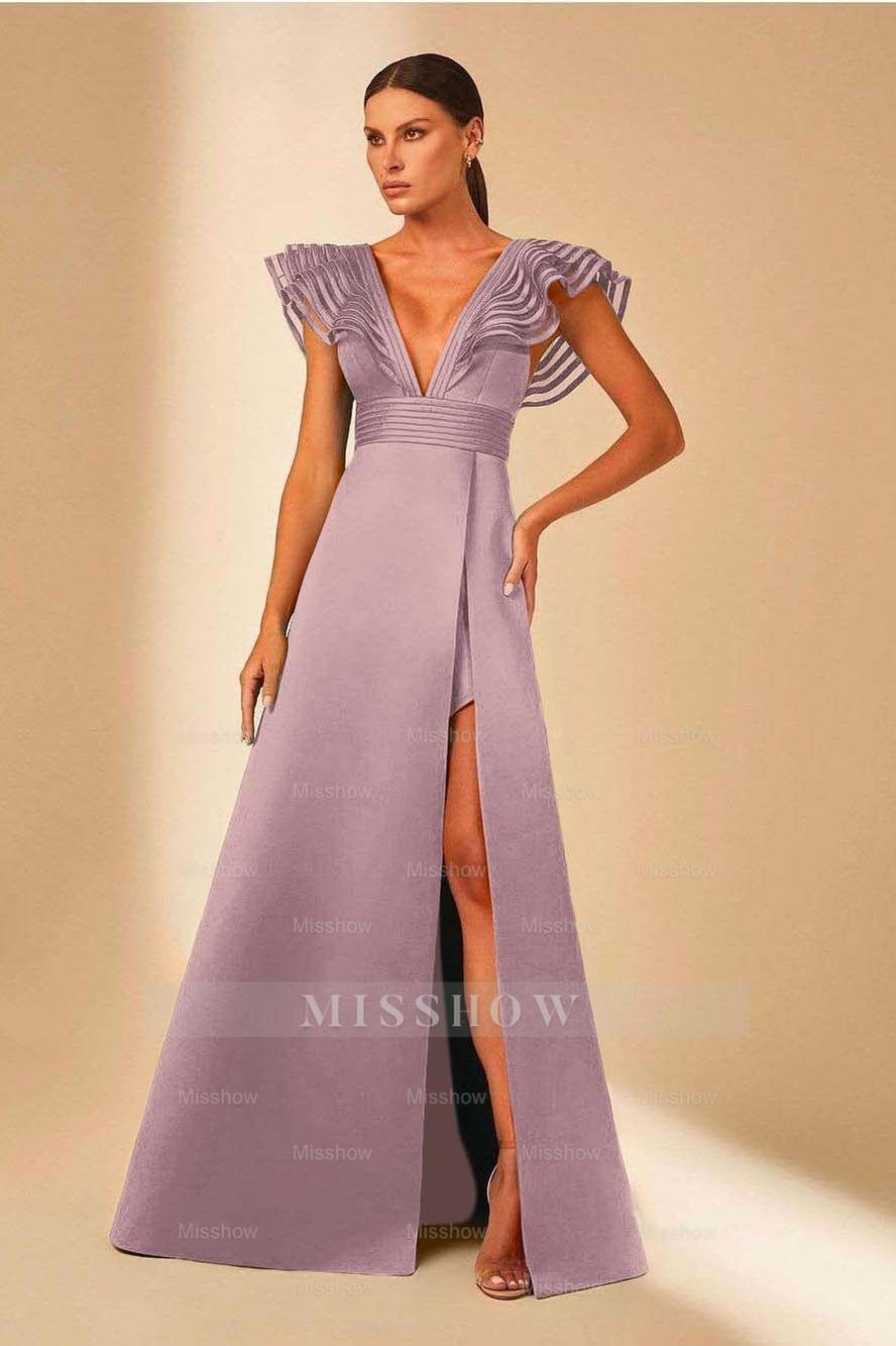 Deep V Neck Sleeveless A Line Long Formal Dress With Front Split