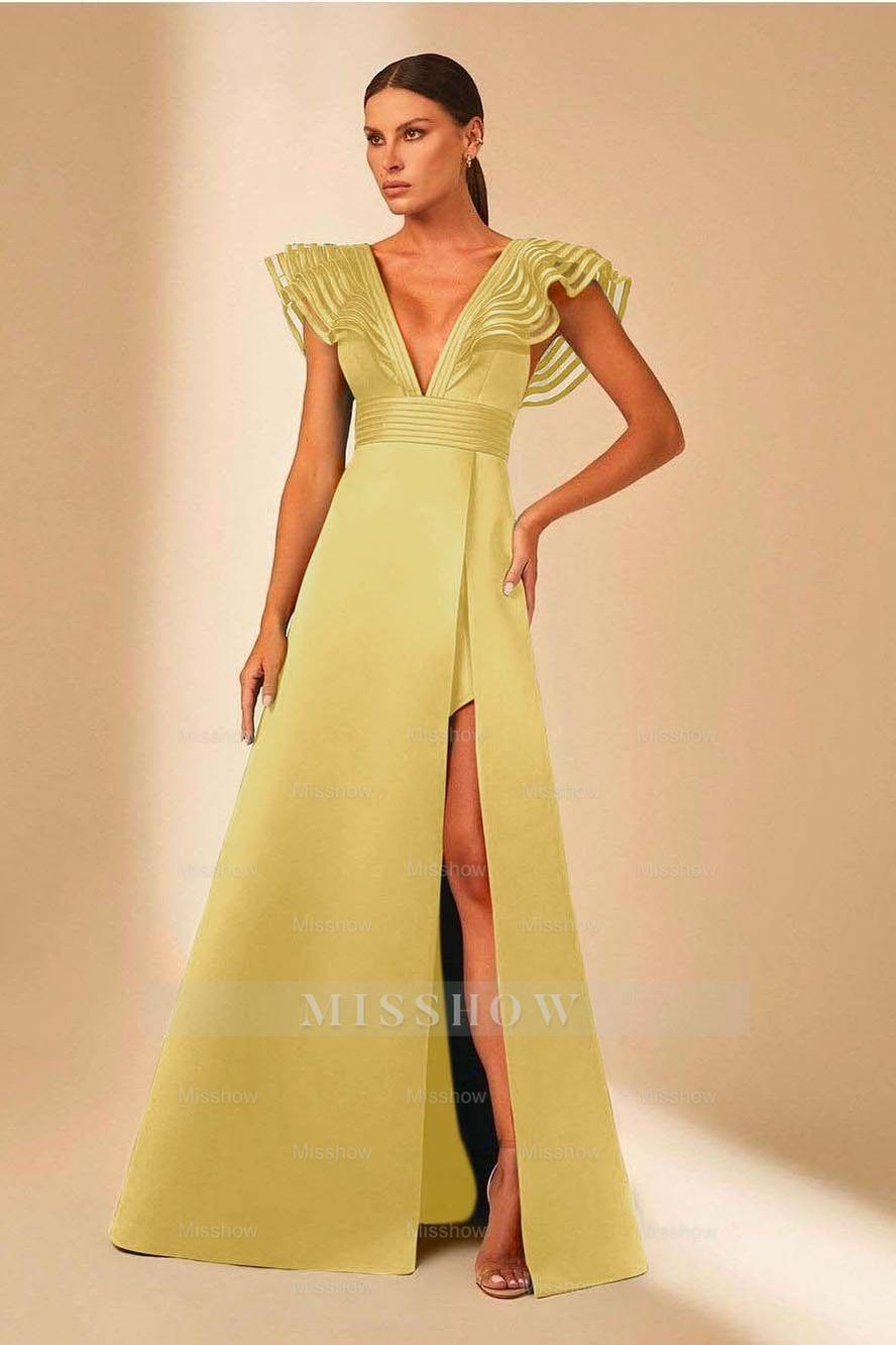 Deep V Neck Sleeveless A Line Long Formal Dress With Front Split