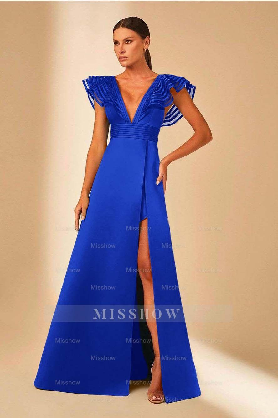 Deep V Neck Sleeveless A Line Long Formal Dress With Front Split