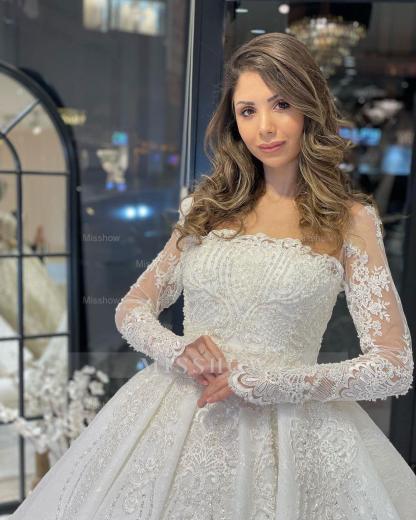 Deluxe Floor Length Long Sleeves A-Line Lace Wedding Dress with Ruffles