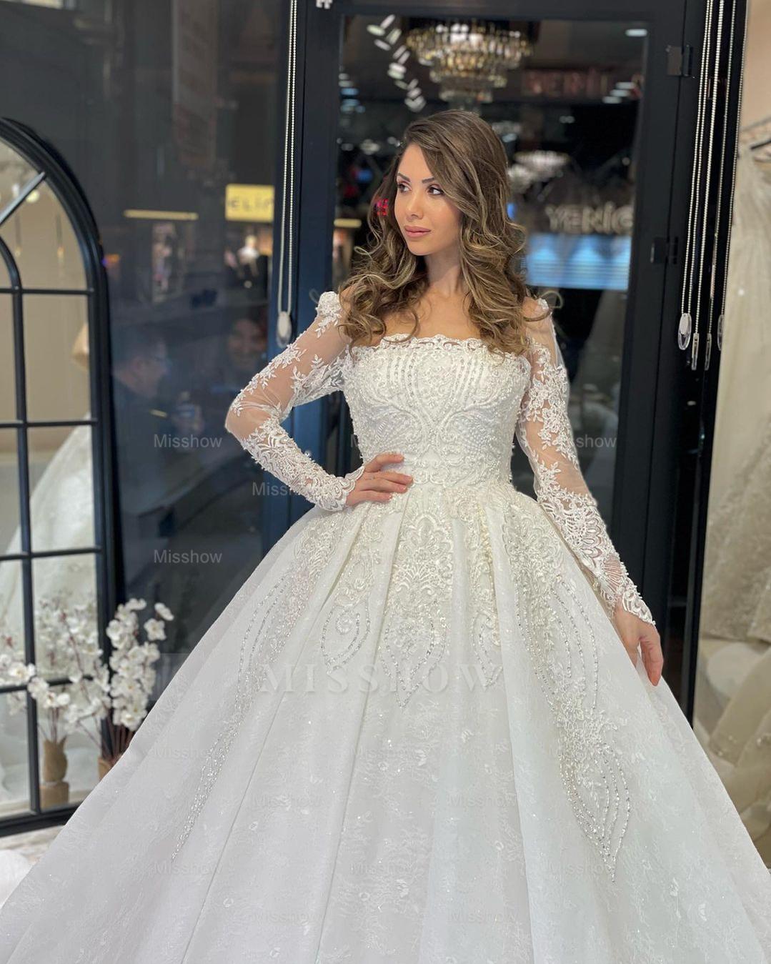 Deluxe Floor Length Long Sleeves A-Line Lace Wedding Dress with Ruffles