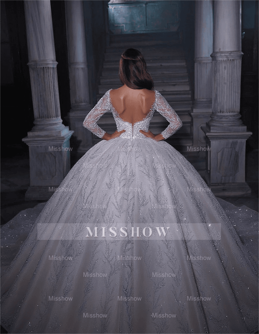Deluxe Floor Length Sweetheart Long Sleeves A-Line Sequined Wedding Dress with Ruffles