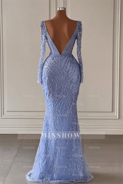 Deluxe Floor Length V-Neck Long Sleeves Mermaid Satin Prom Dress with Beads