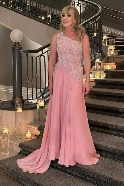 Designer A-Line Chiffon Mother of The Bride Dress One Shoulder Sleeveless Pink Bridesmaid Dress With Appliques