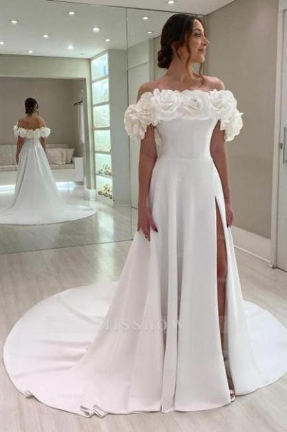 Designer A-Line Satin Off-The-Shoulder Sleeveless White Wedding Dresses With Split
