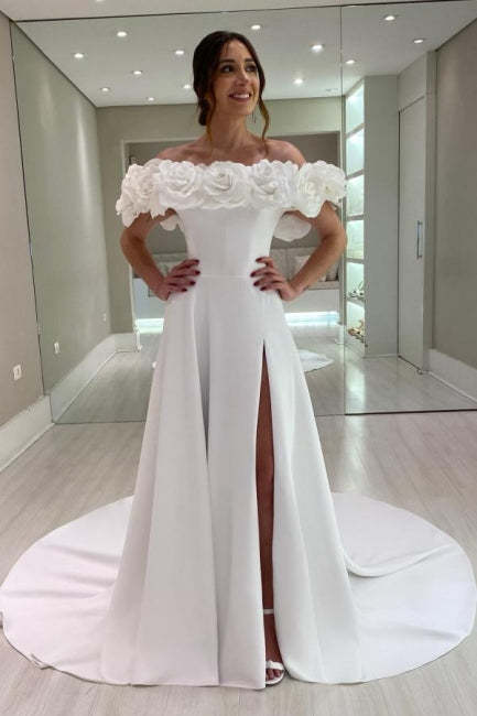 Designer A-Line Satin Off-The-Shoulder Sleeveless White Wedding Dresses With Split