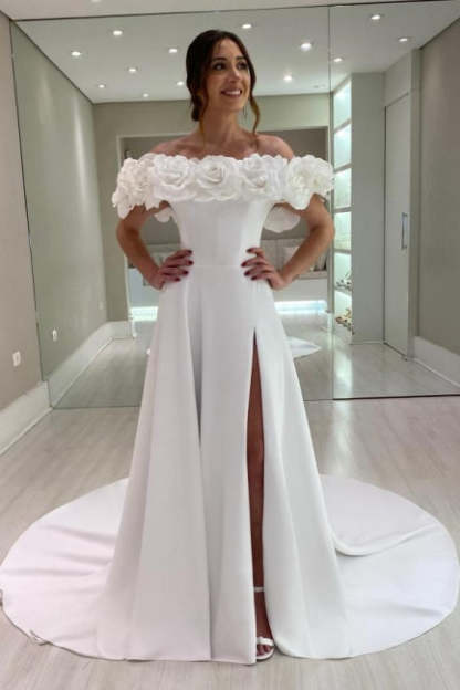Designer A-Line Satin Off-The-Shoulder Sleeveless White Wedding Dresses With Split