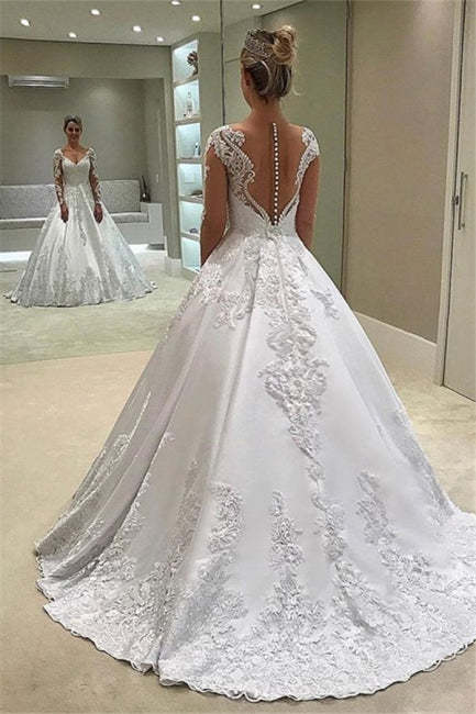Designer A-line Lace V-neck Wedding Dresses with Long Sleeves