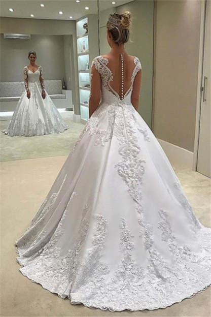 Designer A-line Lace V-neck Wedding Dresses with Long Sleeves