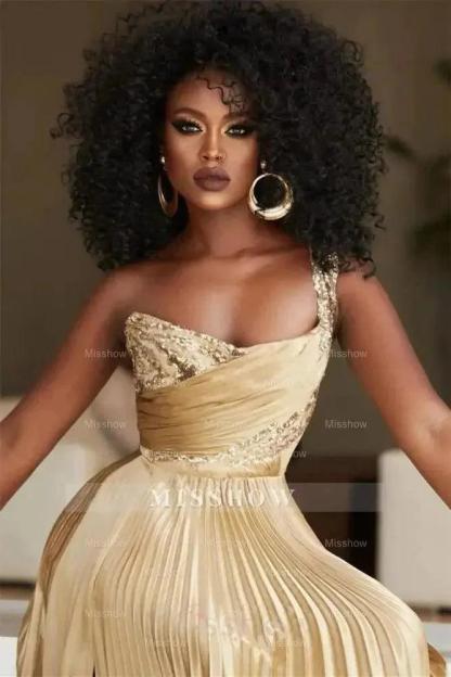 Designer A-line One Shoulder Sequined Prom Dress With Slit